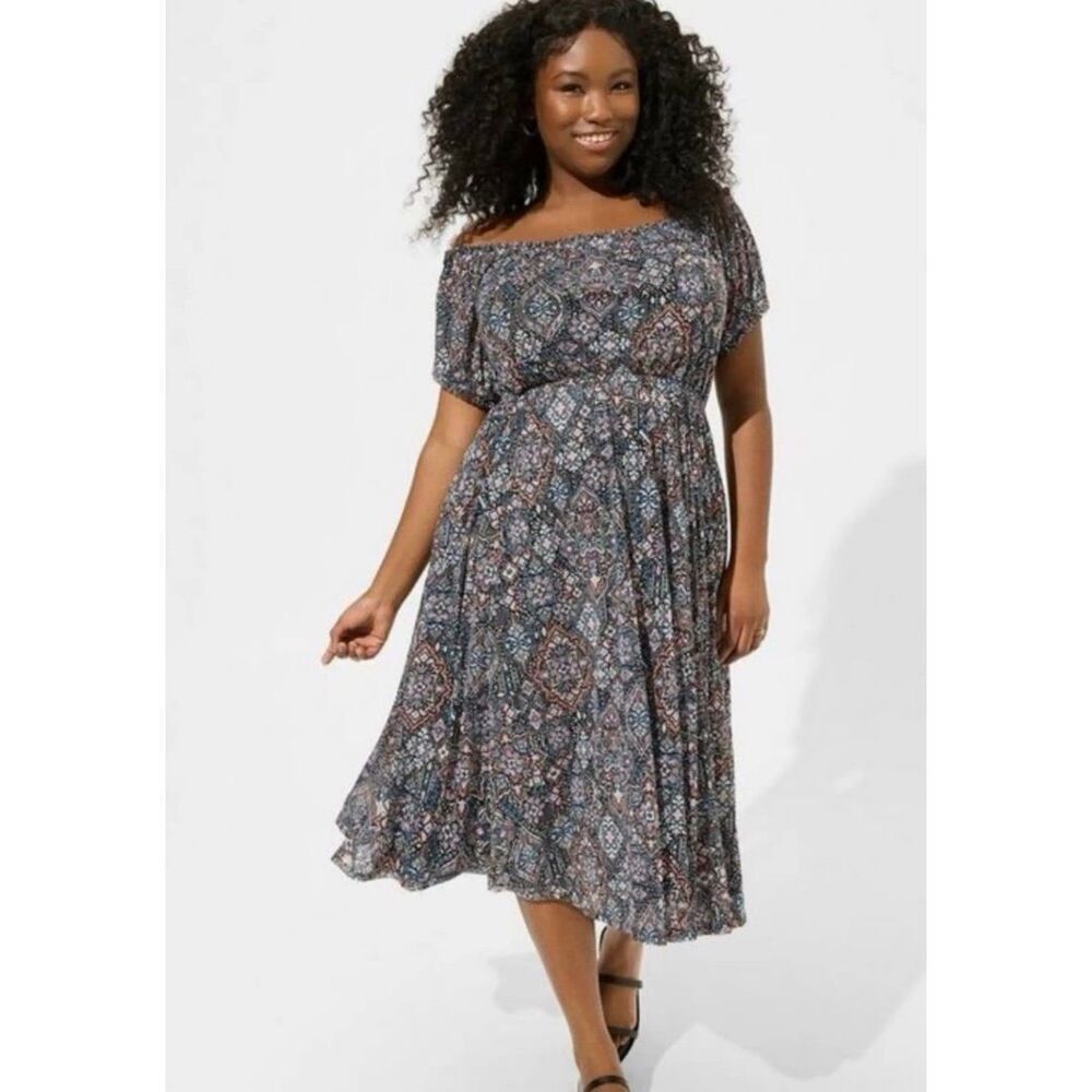 Torrid Midi Dress Medallion Print Short Sleeve Multicolor Peasant‎ Boho 3X